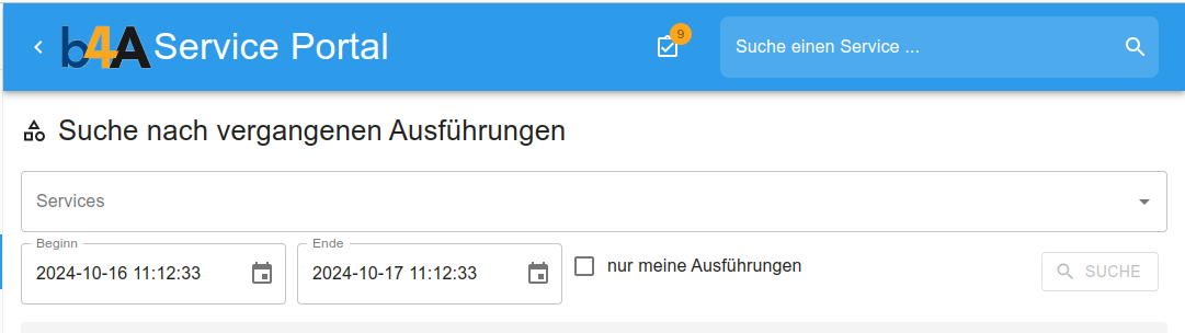 Suchmaske für Service-Läufe aus dem Archiv